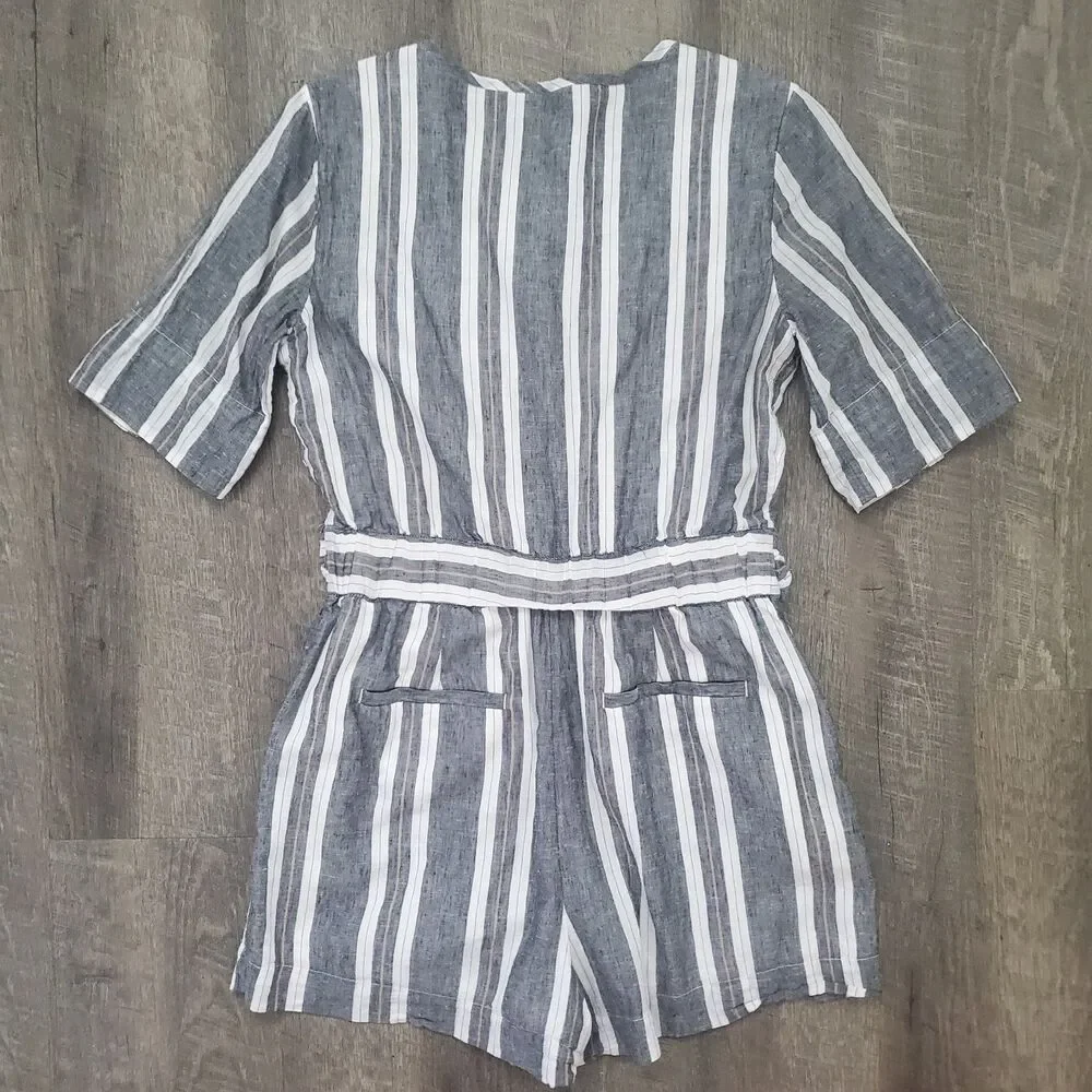 Banana Republic Women's Romper Size 4 Petite Striped Cotton Linen Tie Pockets